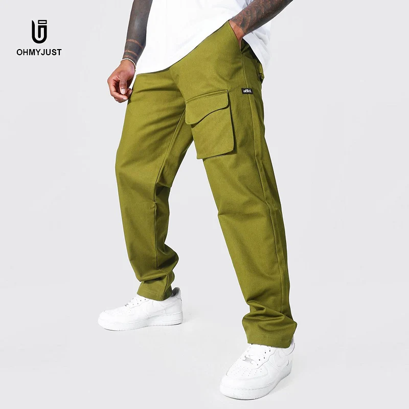 Wholesale Mens 100% Linen Chinos Casual Long Trousers Straight Leg Olive Green Streetwear Cargo Pants