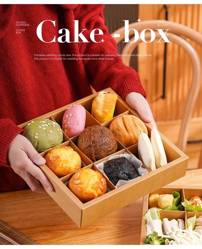 IMEE 6 Pieces 9 Compartment Sweet Mini Cake Cookie Snack Afternoon Tea White Red Square Clear Top Folded Box for Picnic