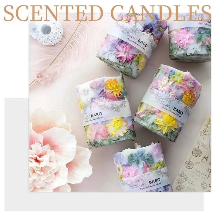 Home Decor Soy Wax Luxury Customized Dried Flower  Luxury Pillar Candles