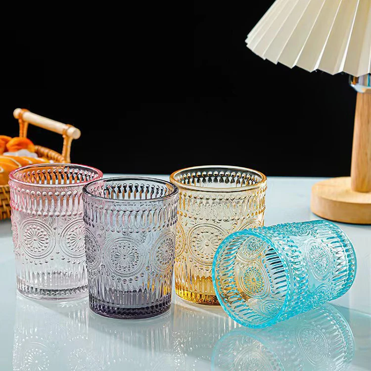 300ML Vintage Romantic Glassware Cocktail Colorful Embossed Sunflower Drinking Glasses For Bar Home