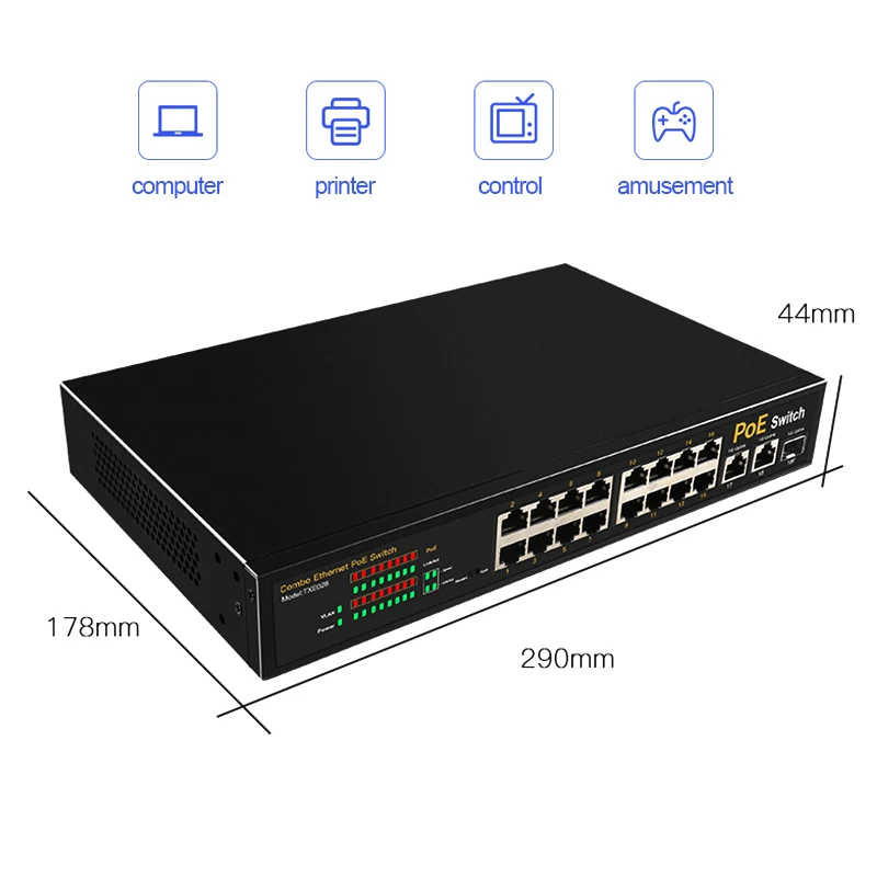  16 портов POE коммутатор 10/100 Мбит/с Ethernet-коммутатор 2 порта 10/100/1000 Мбит/с-умный