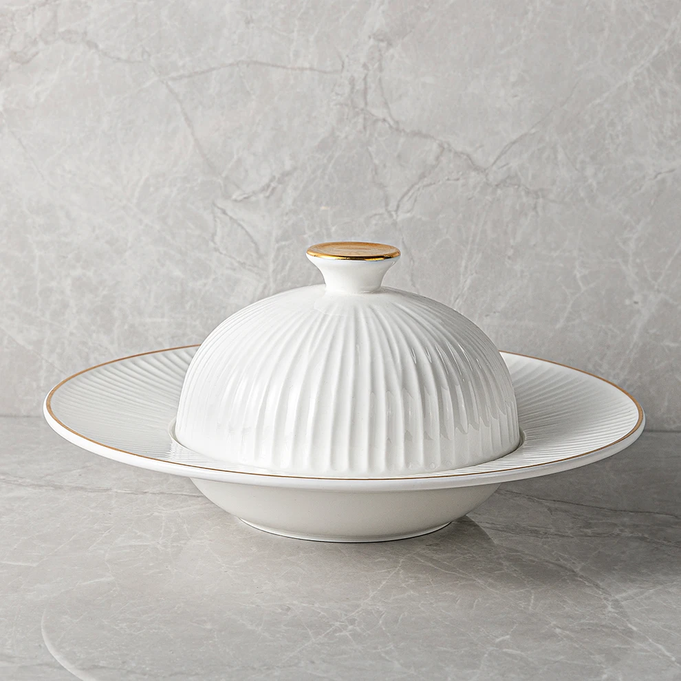 JiuJiuJu изысканные фарфоровые обеденные блюда для отеля с золотой окантовкой роскошный дизайн блюдо свадьбы китайская керамическая белая чаша супа крышкой