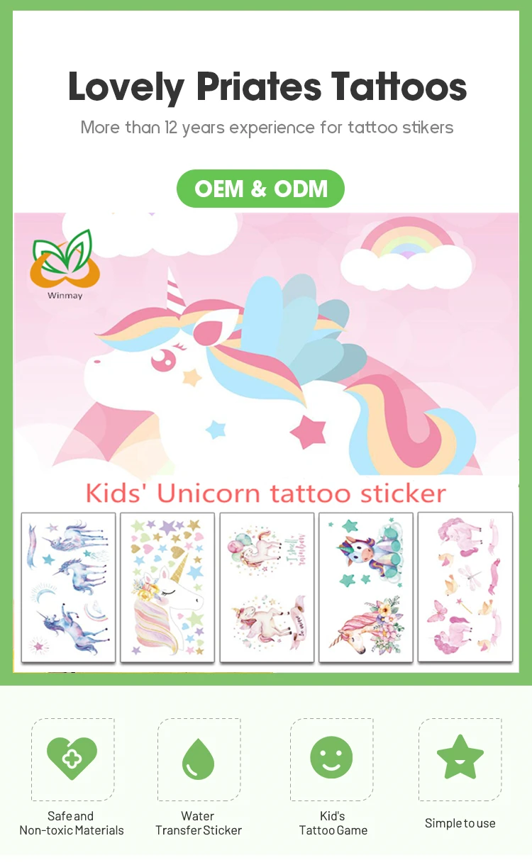 Top Manufacturer Best Selling Unicorns Designs Water Transfer Temporary Glitter Tattoo Sticker For Kids
