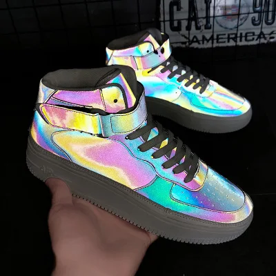 New Model Men High Top Casual Skate Shoes Stylish Glitter Chameleonic Sneakers
