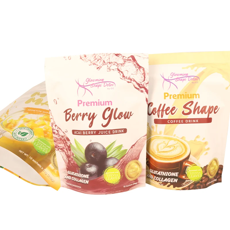 10 Sachets Custom Resealable Aluminum Foil Stand Up Pouch Berry Juice Drink Protein Powder Packaging Plastic Bag With Zipper