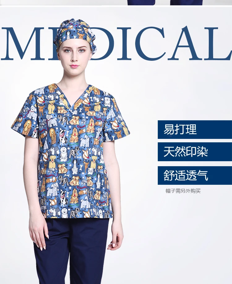 China Custom Summer Hospital medical scrubs nursing uniforms printed top and pants for unisex