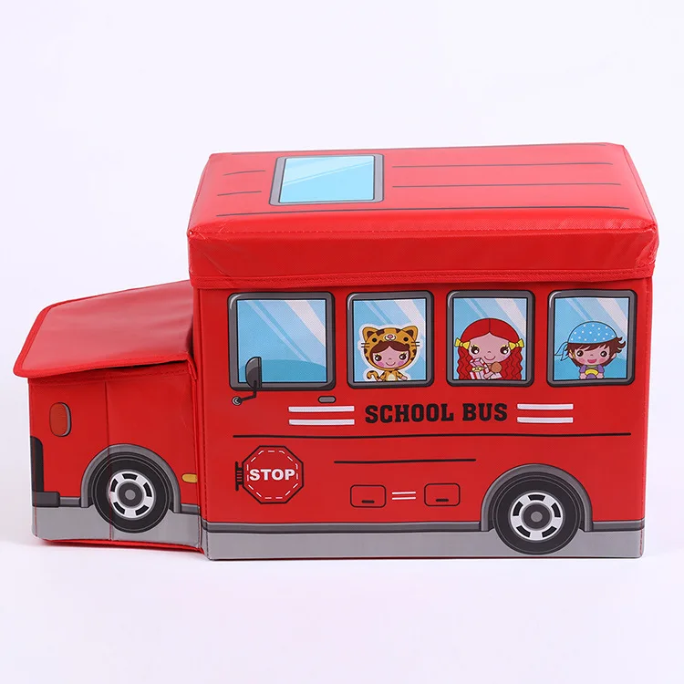 Multi-function Foldable Toy Storage Bog Colorful Printing Fabric Storage Stool Carton Bus For Kids