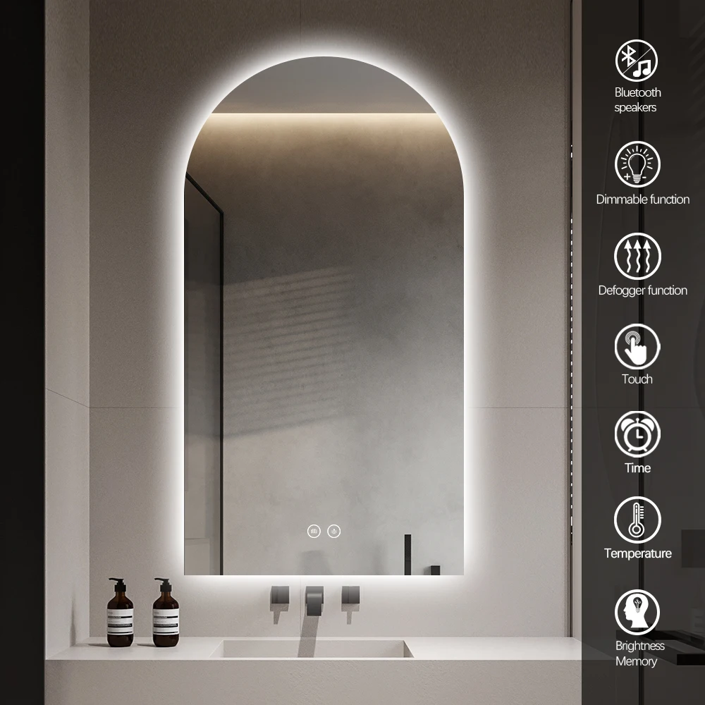 Arch frameless smart mirror with built-in speaker and LED backlighting for bathroom and makeup use.