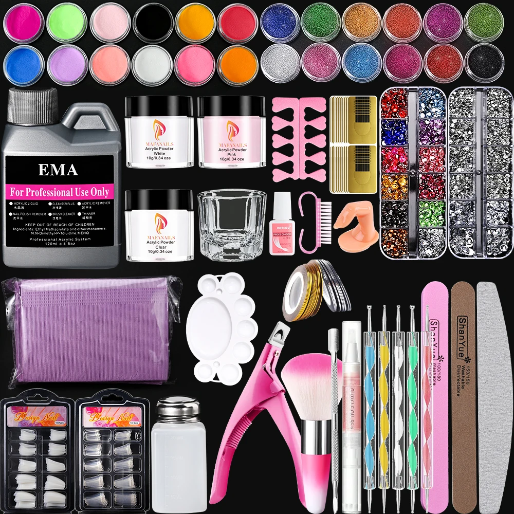 Full Set Nail Acrylic Powder&Liquid Monomer Kit 3D Nail Tips Carving Brushes Glitter/Decoration/Glue Beginner Nail Art Tools Kit