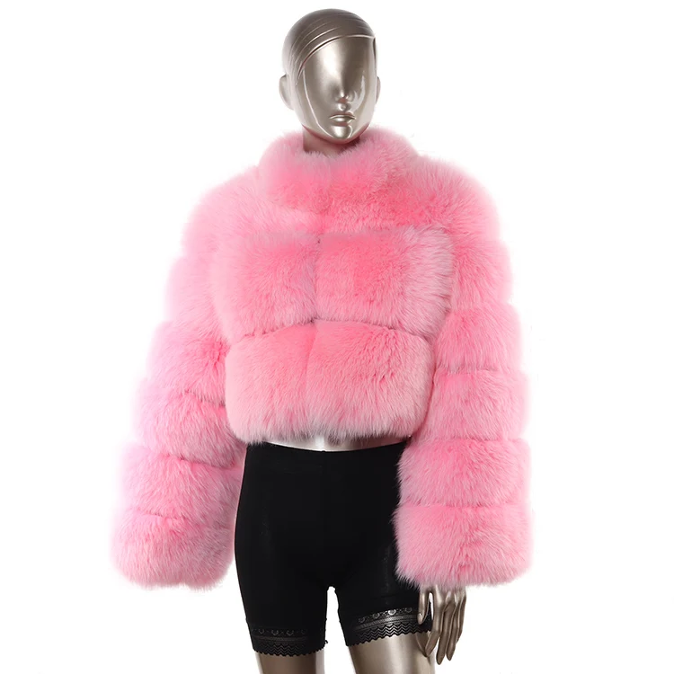 wholesale fashion winter fur jacket stand collar pink real fox fur coat for women