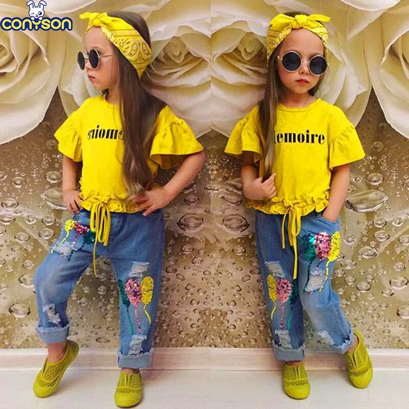 Conyson 2023 Hot Sale Summer Autumn Boutique Toddler Kids Clothing Set Baby Girls 3 Pcs beaded jeans With Headwear Kids Set
