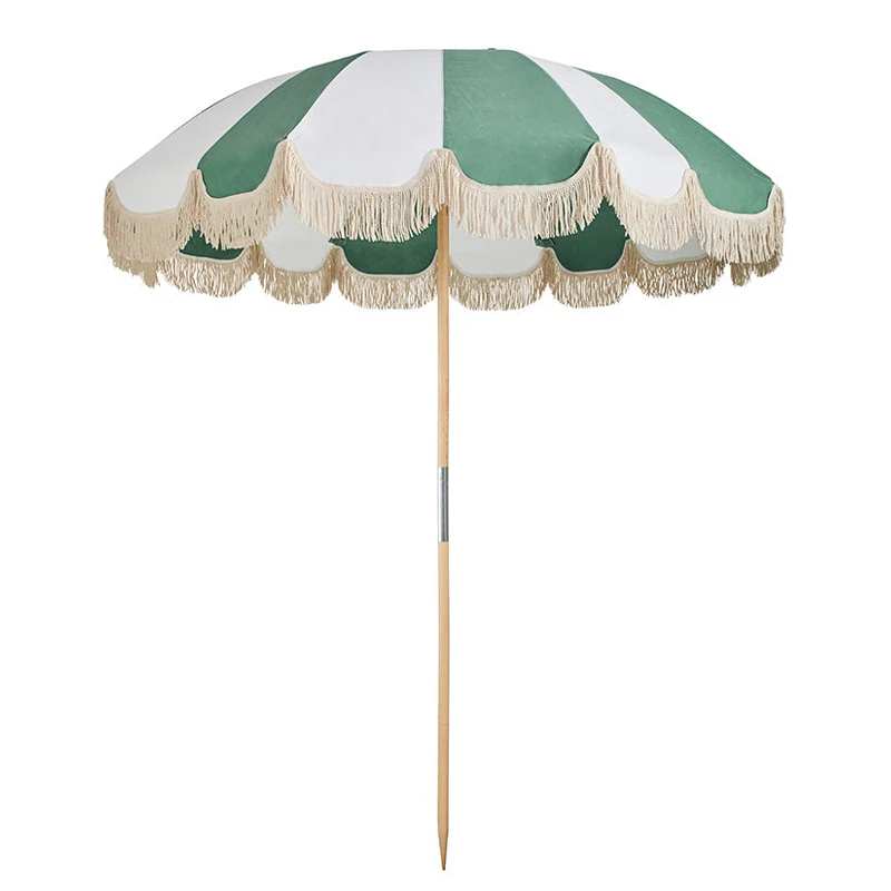 2023 New Design Luxury, Wooden Pole Windproof Outdoor Sun Parasols Custom cotton Navy Striped Fringe Beach Tassels Umbrellas/