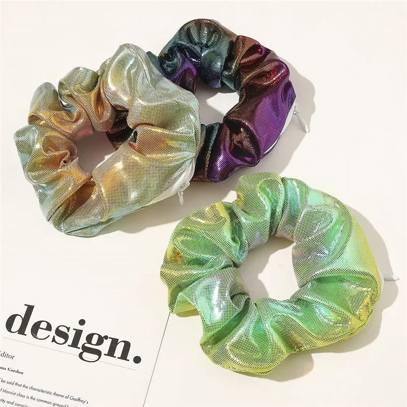 Customize Women Iridescent Pony Tail Hair Bands Shiny Soft Colorful Fabric Pocket Zipper Tie Dye Scrunchie