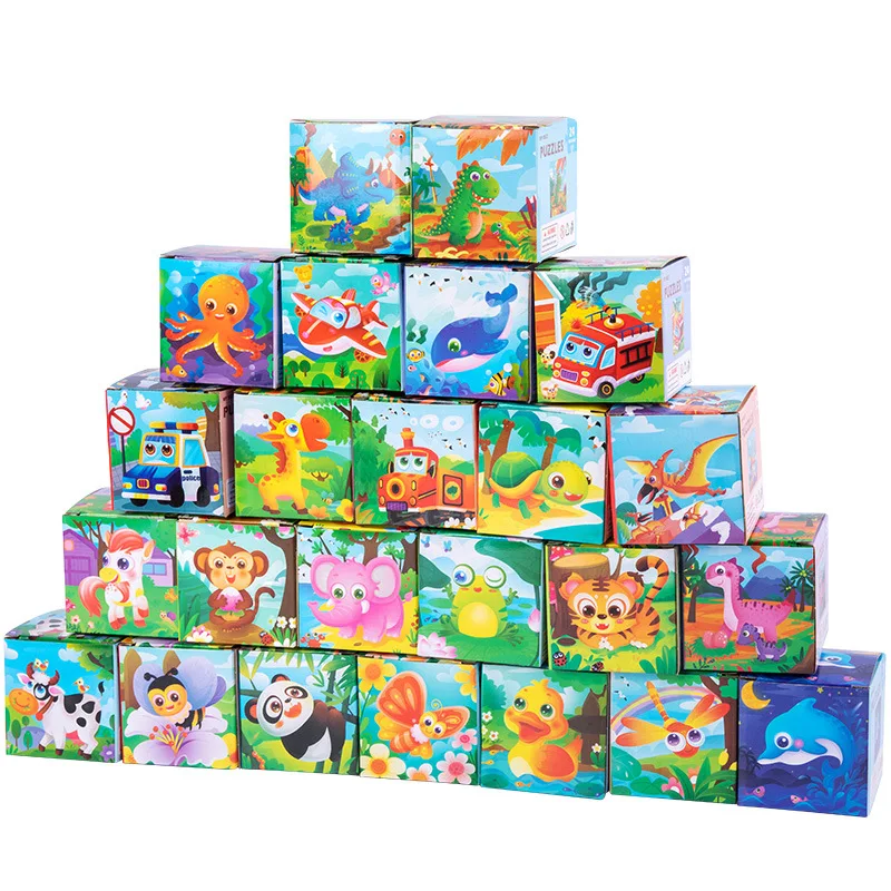 24 Pieces Small 3D Wooden Puzzles in Portable Gift Box Early Educational Kids Toy Cognitive Animals Traffic Dinosaurs Puzzles