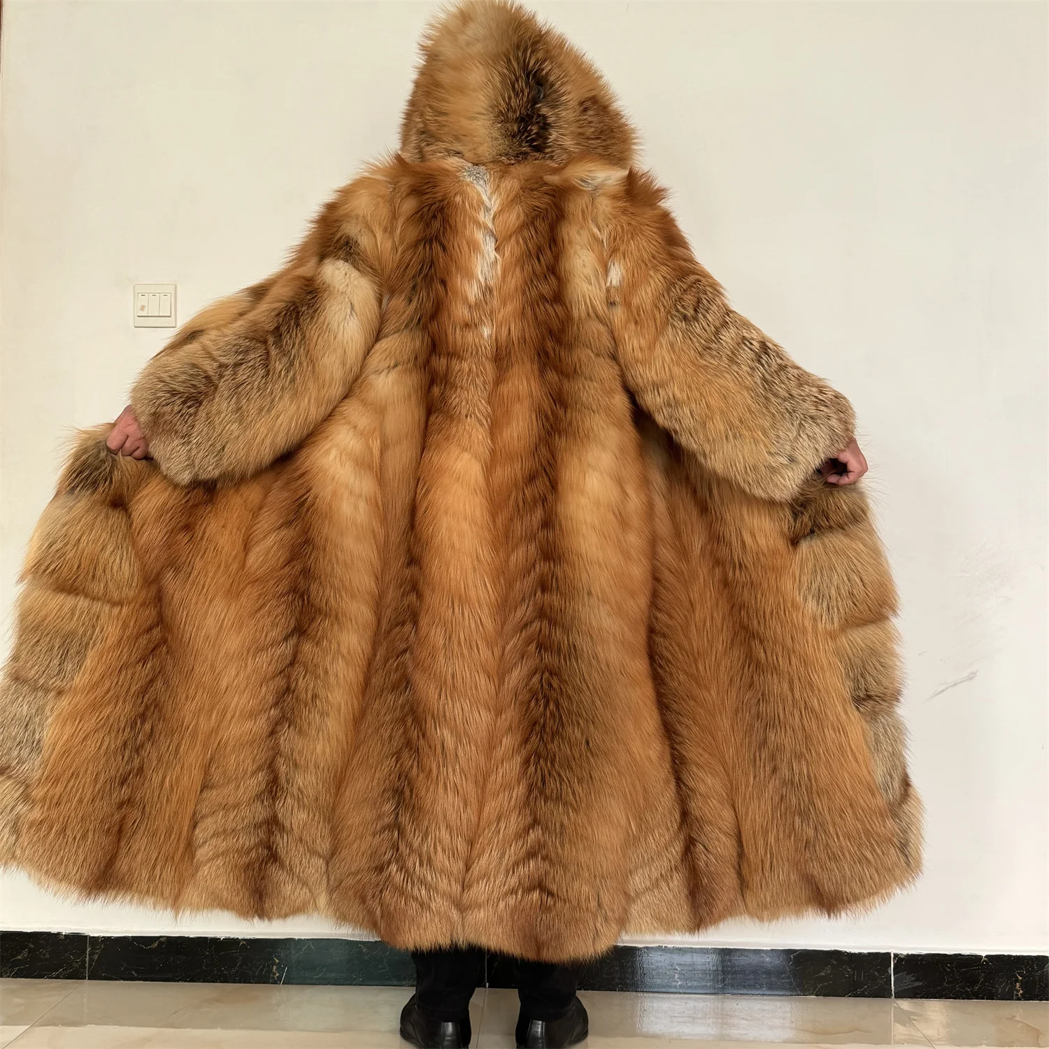Full length fur coat Winter warm high quality real red fox fur coat with detachable sleeves for girls fur coat