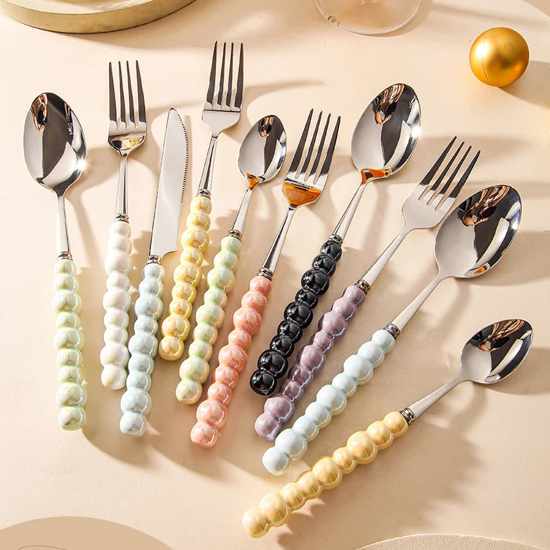 Dinner Fork with Ceramic Pearl Handle Stainless Steel Cutlery Forks Spoons Knife Dessert Forks for Home Restaurant Wedding
