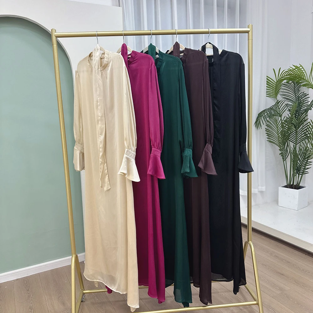 2024 Latest Muslim Long Dress Arab Dubai Modest Solid Color Elegant Satin Abaya Dress Islamic Muslim Dress for women