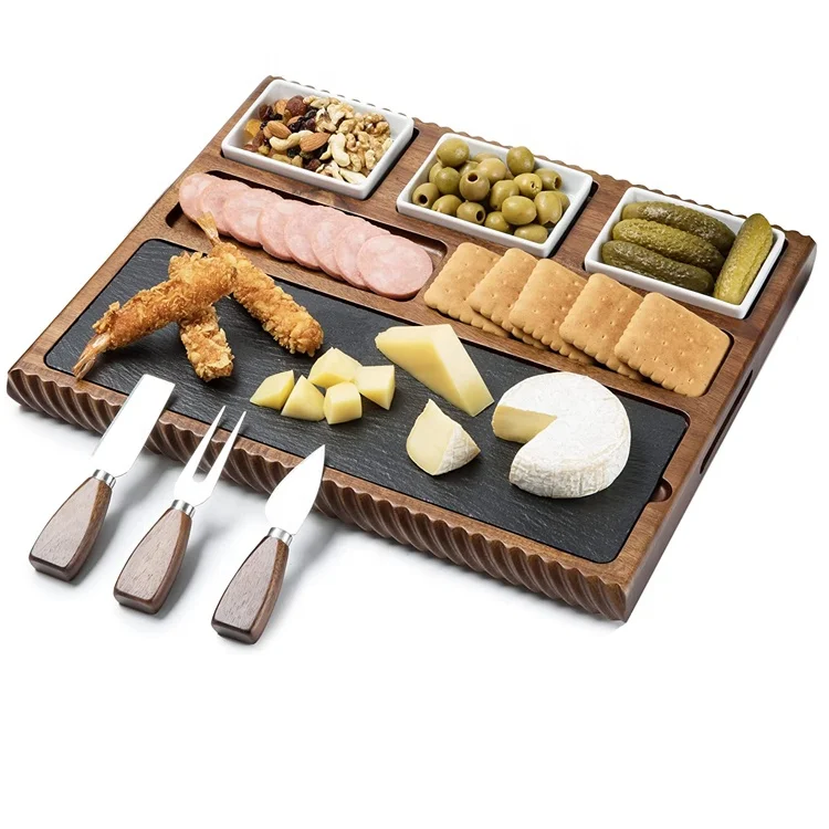 Cheese Board set Acacia Wood Charcuterie Board with Black Slate Blade and Cutlery Set