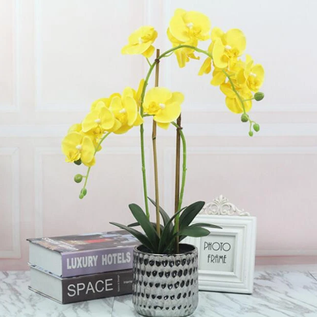 Real touch white purple phalaenpsis potted artificial silk orchid flower in pot