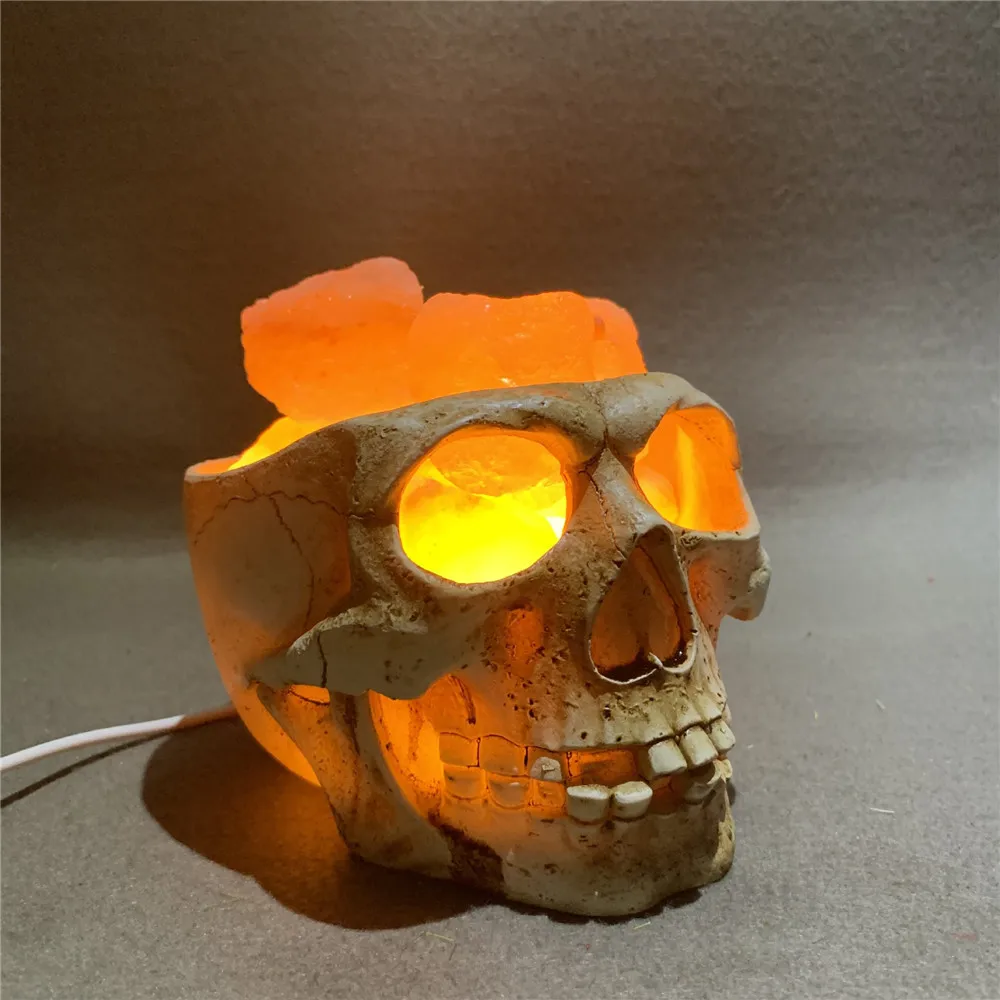 LED Skull Salt Stone Table Lamp Horror Ghost Head Shaped Night Light USB For Halloween Bedroom Decoration Lighting Ornament