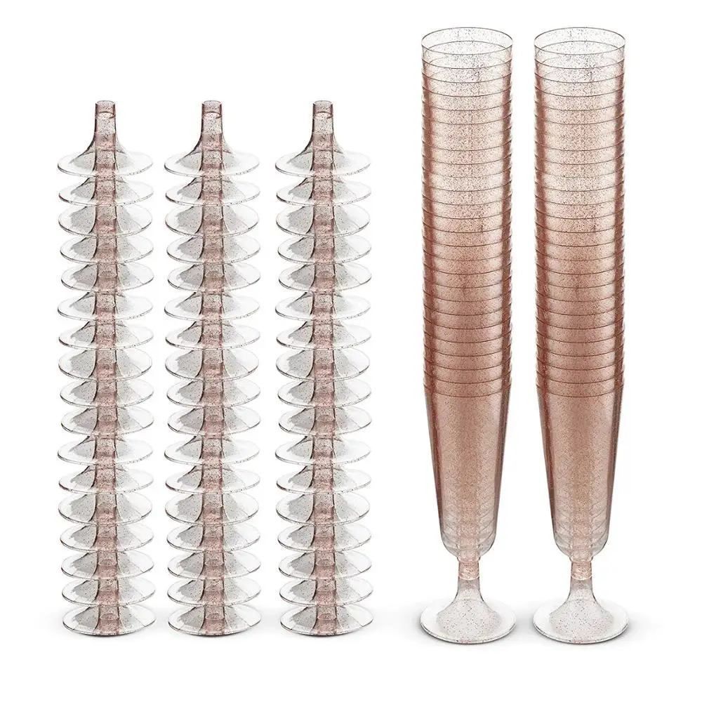 
50 Plastic Rose Gold Glitter Elegant Wedding Champagne Flutes 