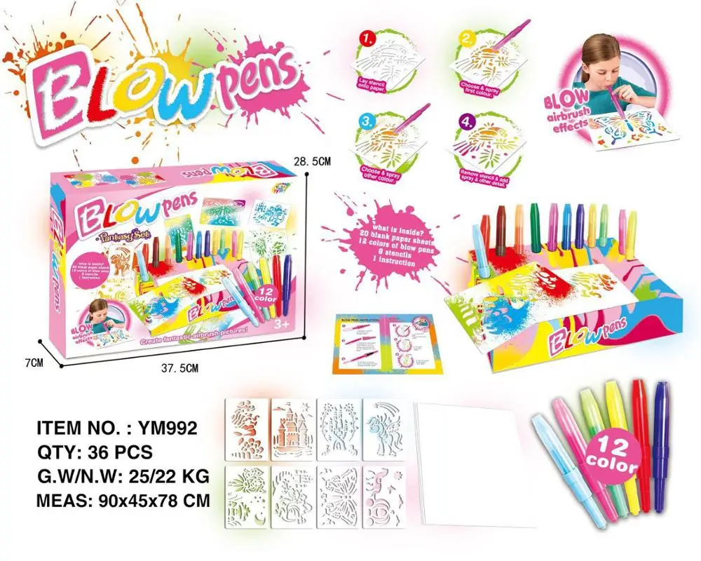 Promotional Christmas kids Magical Colorful Amazon Hot Sell non-toxic jumbo blow pen spray marker air brush pen for painting