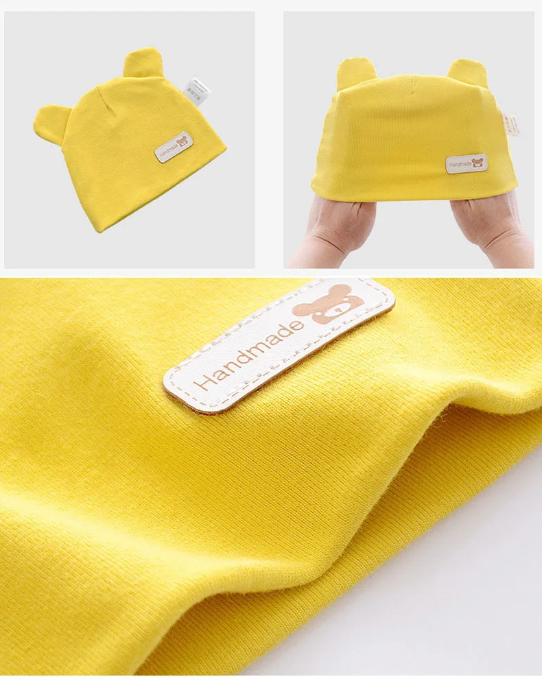 Wholesale solid color soft knitting cotton baby beanie fetal hat with bear ears for unisex newborn infant