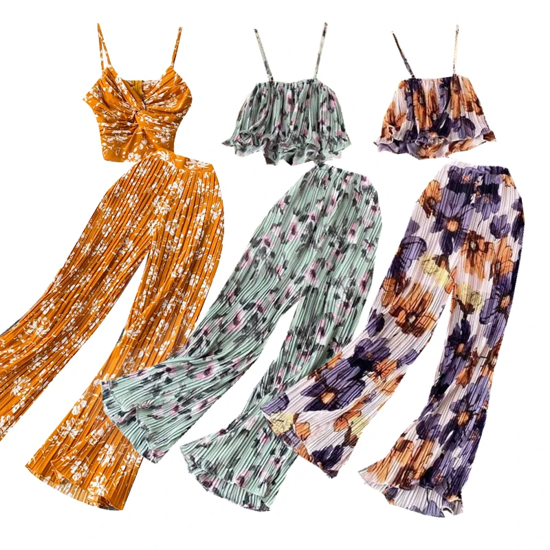 New Arrival Floral Print Summer Outfits Women Crop Top and Pleated Pants 2 Piece Beach Boho Two Pieces Top Pants Set