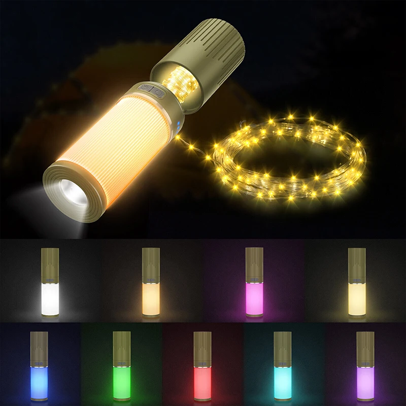 Portable Multiple Light Source Camping Lantern USB Rechargeable Camping LED Tent Hanging Ambiance Warm LED String Lights