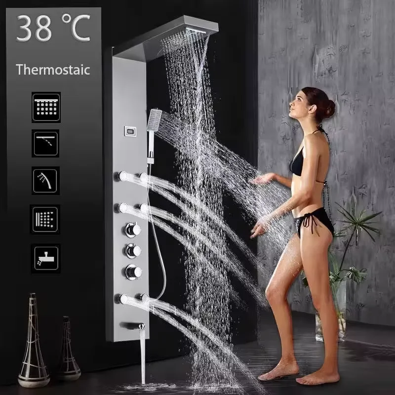 Factory Direct Sale Bathroom Luxury Shower Plate Wall Mounted Stainless Steel Massage Body Jet Head Luxury Led Shower Board
