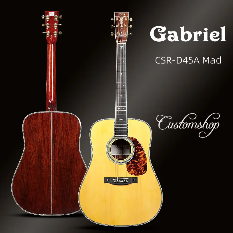 Новая 2024 Gabriel D45A, полностью цельная гитара Adirondack из ели Madagascar из розового дерева, производитель электроакустических гитар