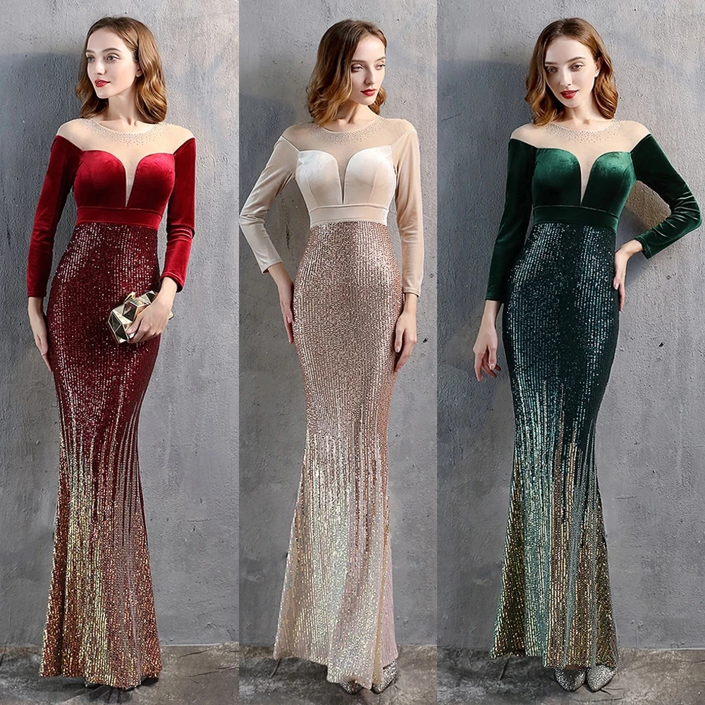 Velvet Sequins Elegant Mermaid Long Sleeve Cocktail Party Dresses Women Formal O-Neck Floor-Length Prom Vestidoes 2022 New