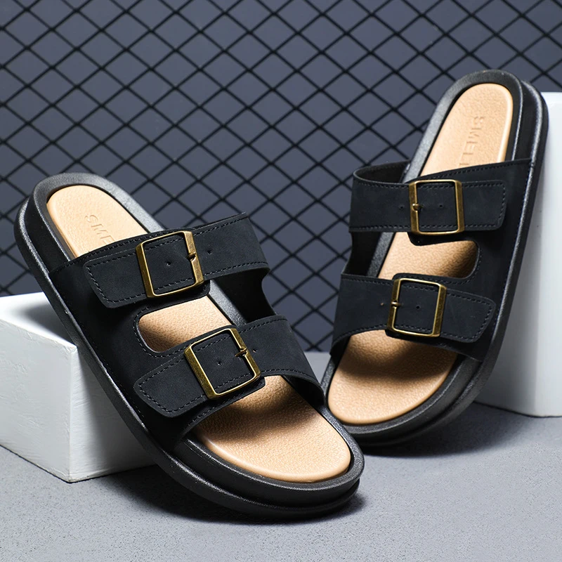 2024 New Design Summer Casual Slide Sandals Comfortable Slip on Slippers Fashion Luxury Leather Flat Sandals for Men