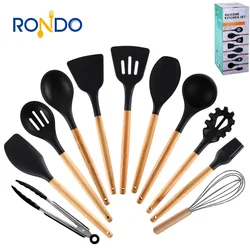 Wholesale 12 Pieces In 1 Set Silicone Kitchen Cooking Tools Stand Kitchenware BBQ Eco Silicone Wooden Kitchen Utensils