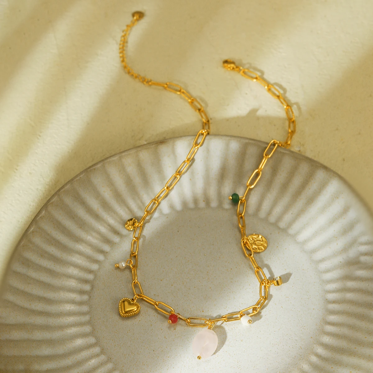 Personality Stainless Steel Peach Heart Pearl Pendant Necklace Natural Stone Curb Link Chain Bead Necklace Women Jewelry