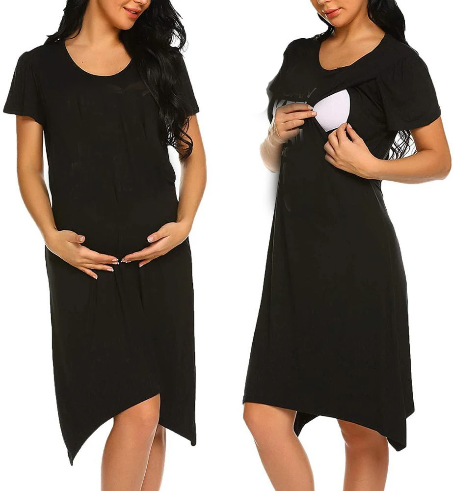 OEM women fashion print round neck short sleeve irregular hem breastfeeding dresses maternity outerwear maternity nursing dress