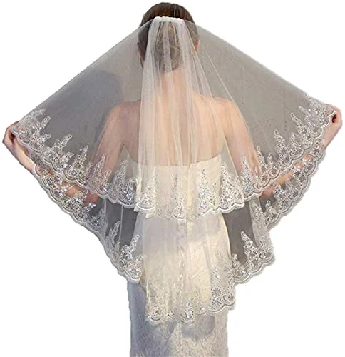 Party bride pearl wedding decorated with white embroidered veil wedding veil