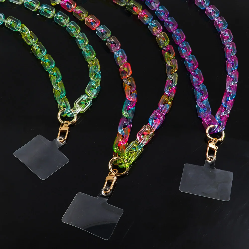 Wholesale new rainbow transparent mixed color fluorescent cute chain hanging neck long necklace 80cm acrylic Cell phone chain