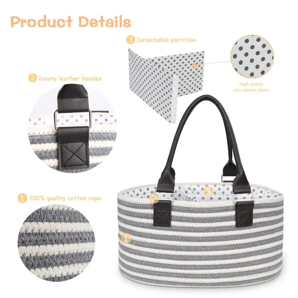 QJMAX Cotton Rope Diaper Caddy Organizer And Removeable Divider