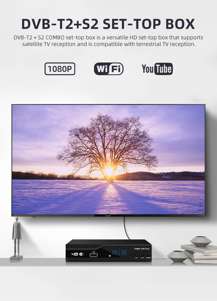 Factory hot selling HUIFENG HD Free To Air LNB YouTube GX6605S Chipset DVB T2 DVB S2 DVB Combo Decoder Satellite TV Receiver