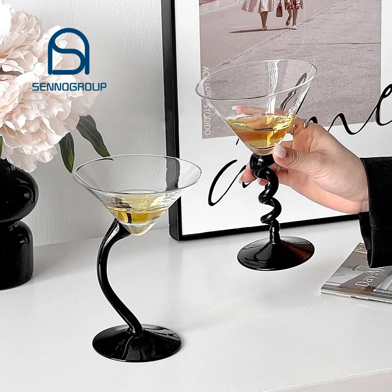 Creative Black Crooked Stem Twisted Martini Tall Glasses Champagne Wine Glass Cocktail