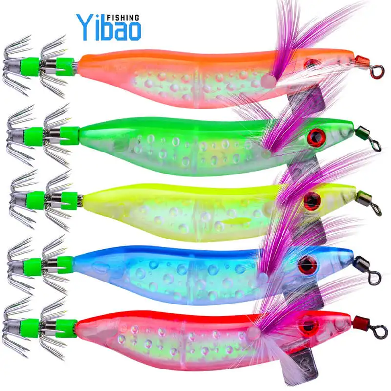 YIBAO 100mm 8.1g hard plastic suqid lure set colorful octopus squid jig lures bait with hooks squid fishing shrimp lures