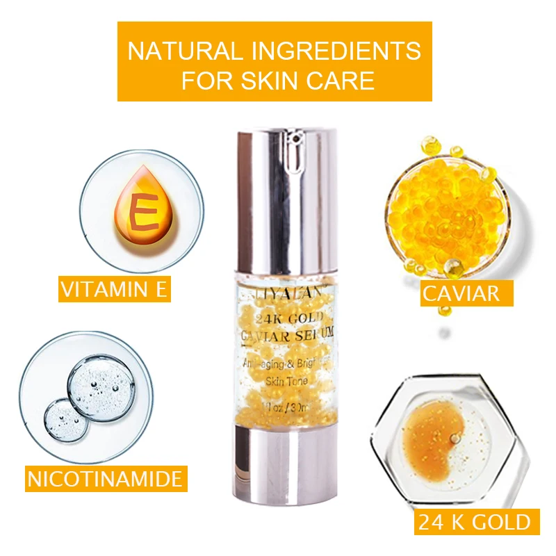Wholesale Korea Skin Care OEM Anti Wrinkle Anti Aging Vitamin E Nicotinamide 24k Gold Caviar Facial Serum