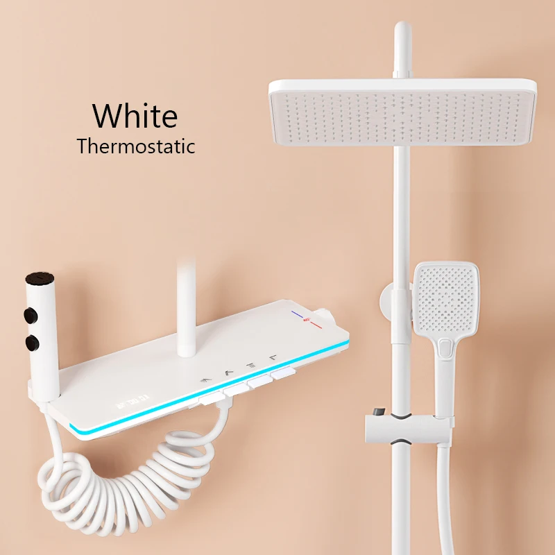 TikTok Trend Copper Exposed Shower Mixer Piano Key 4 Functions LED Digital Atmosphere Ambient Lighting Rainfall Shower Set