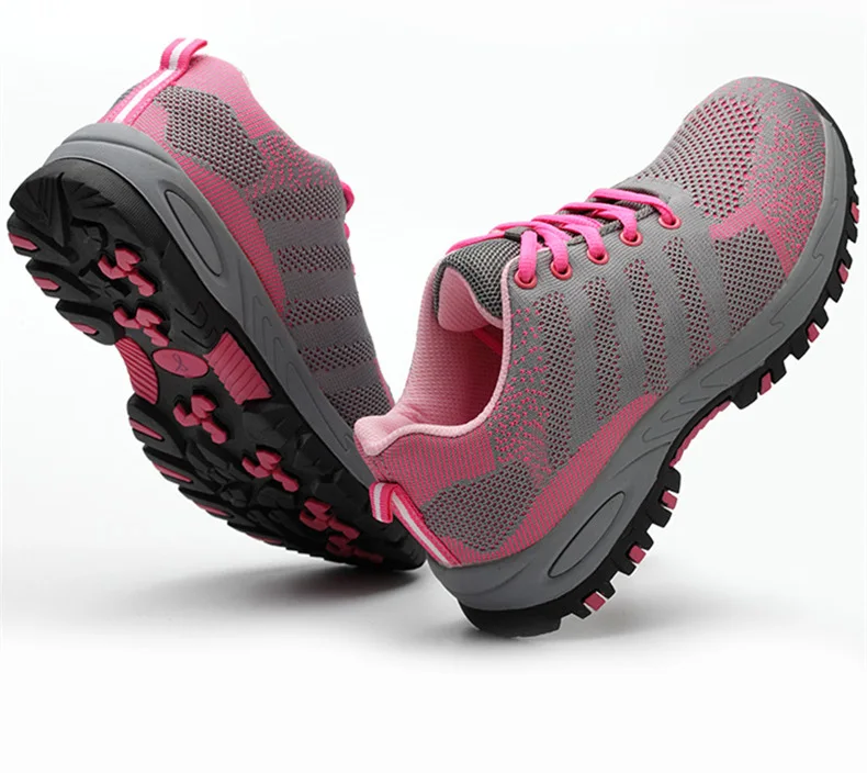 
new style fashion fly knitting pink mesh cloth Anti-smashing and anti-stabbing women safety work shoes 