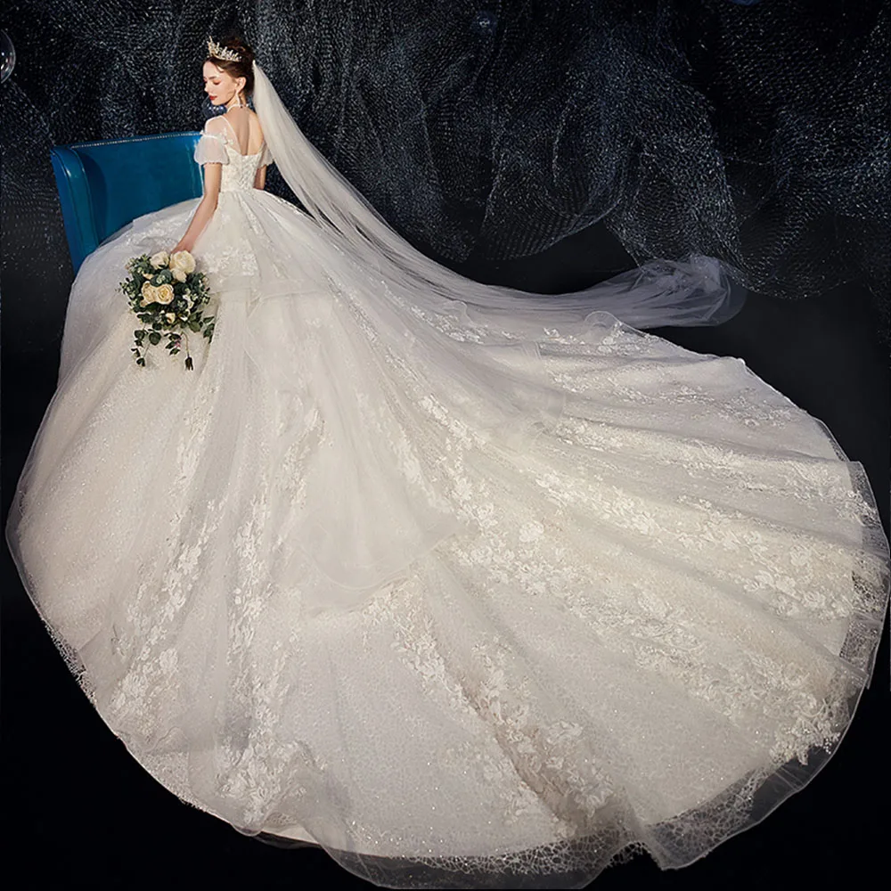 Pearls Sequins Lace Appliques Flowers Luxury Ball Gown Wedding Dress Vestido De Boda V-neck Short Sleeve Shiny Bridal