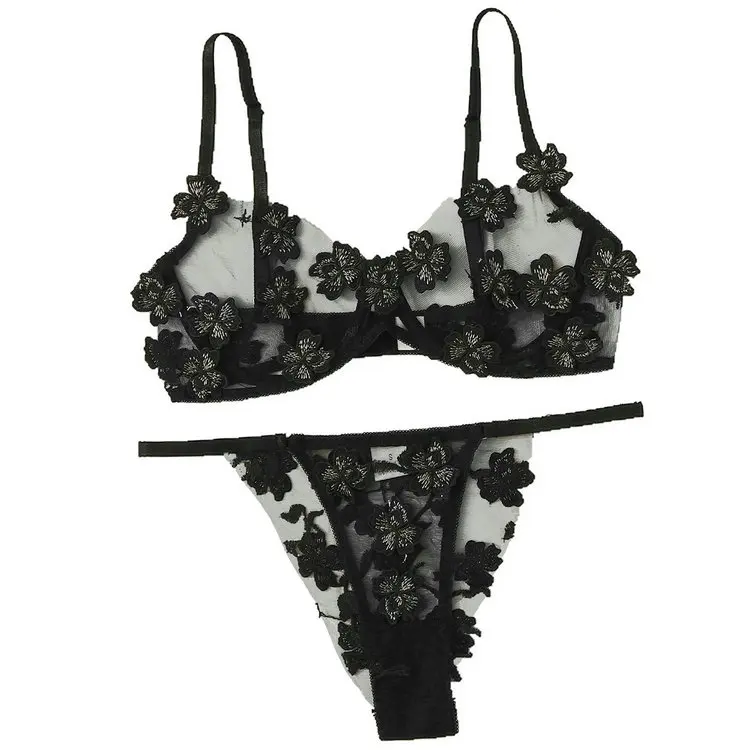 Лидер продаж Amazon 2021, прозрачный сетчатый комплект сексуального женского белья с аппликацией и вышивкой