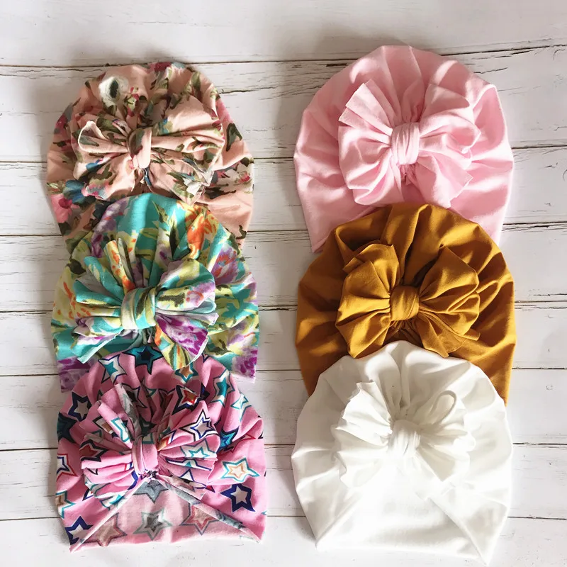 Messy Bow Turban Hat For Baby Girls Floral Top Knot Headband Hospital Hat Infant Caps