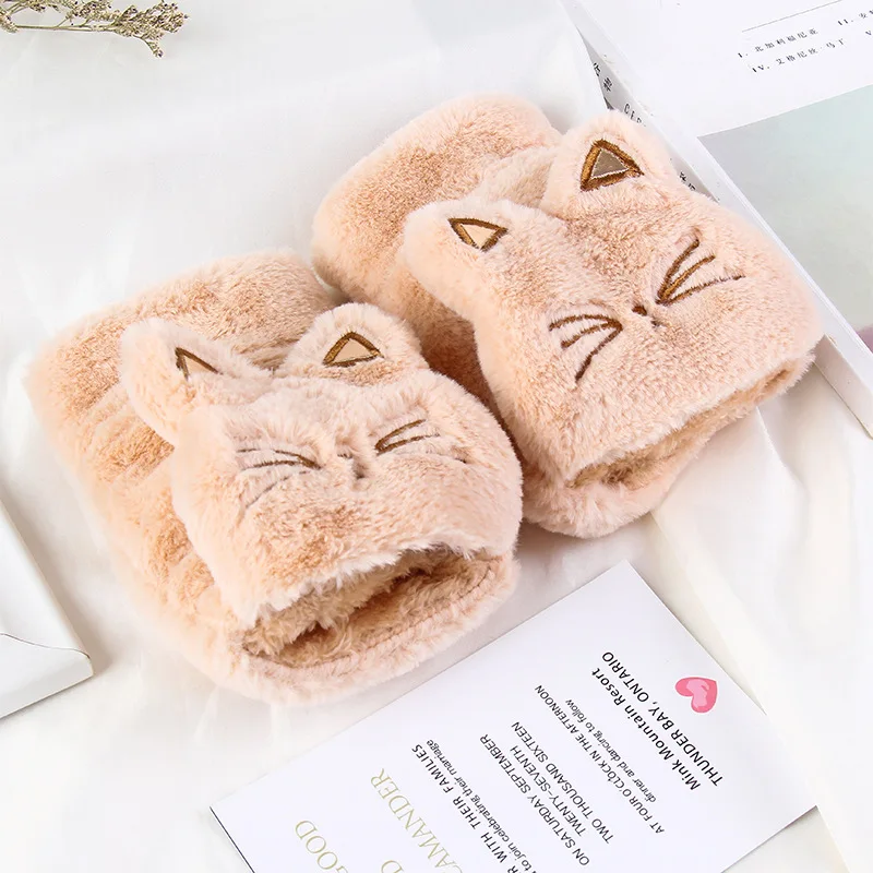 JSFUR  Women Girls Soft Faux Fur Convertible Flip Top Gloves Cute Cat Fingerless Winter Mittens