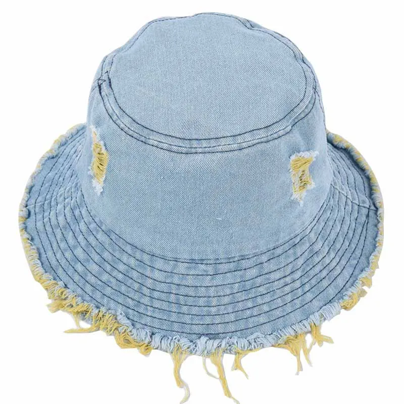 2021 Fashion Ripped Jeans Worn Out Cap Blank Fishermen Denim Bucket Hat For Women